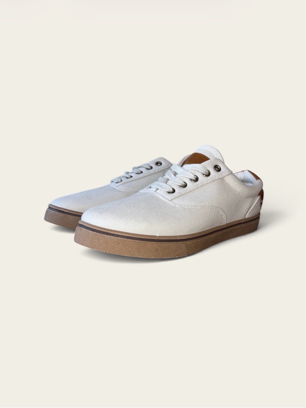 Lands End Men's Cream Canvas Sneakers with Brown Sole